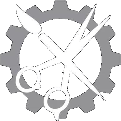 Logo The Doll Factory z nożyczkami i pędzlem w kole zębatym